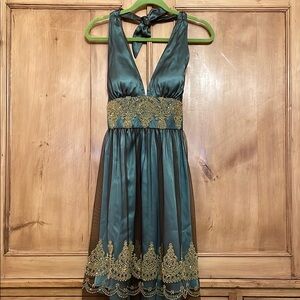 Elegant Teal Halter Dress with Gold Embroidery